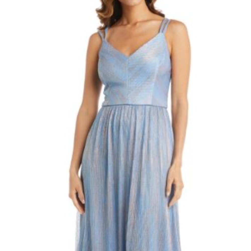 Blue Metallic A Line Floor-Length Formal Dress Prom Homecoming